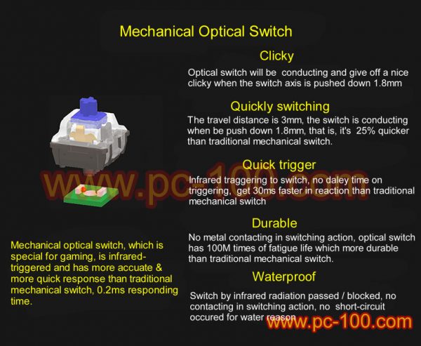 Sammenlign med traditionelle mekaniske switche, optisk switche (infrarød switch) for mekanisk tastatur har fordele i skifter hastighed, træthed livet og vandtæt ydeevne, men har de samme montering dimensioner.