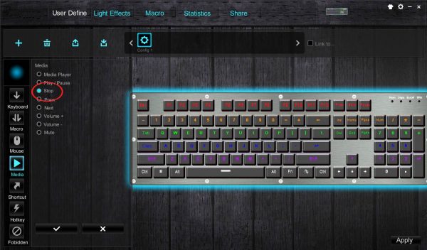 Media setting options in mechanical gaming keyboard driver software