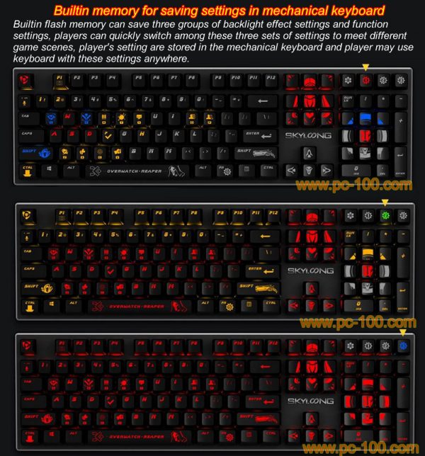 Builtin memory in mechanical keyboard for saving settings, players may play games with their personal settings in mechanical keyboard anywhere