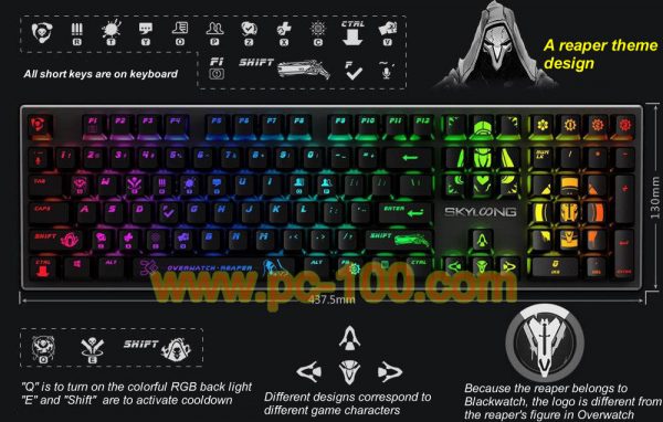 Sneltoetsen voor Overwatch op dit spel-themed mechanische toetsenbord, speciaal ontworpen professionele toetsenbord voor spelers