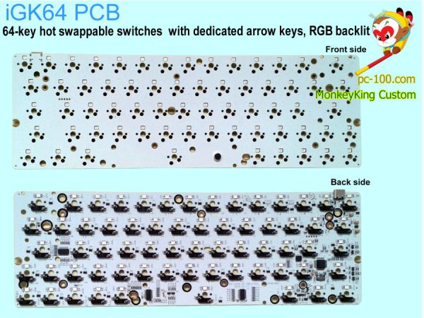 DIY mekaniske tastatur iGK64 64-key PCB: hot swappable switche, med dedikeret piletasterne, RGB-baggrundsbelyst, programmerbare