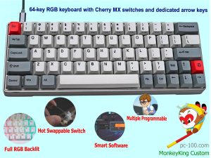 64-centrale kompakt mekanisk tastatur, piletasterne til, Kirsebær MX switche, fuld RGB belyst