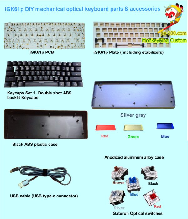 iGK61p DIY 60% poker layout mechanical keyboard PCB, plate, case, keycaps, hot swappable optical switches, custom mini RGB backlit keyboard kits