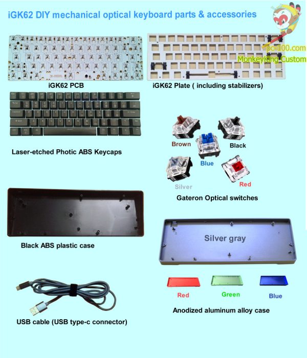 Meilleure valeur 62-clé commutateurs optiques clavier mécanique PCB, gravé au laser photique ABS keycaps, pièces & accessoires, meilleur budget 60% DIY kits personnalisés petit clavier mécanique