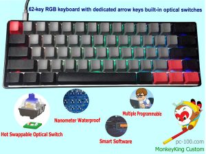 62-key compact RGB mechanical keyboard with arrow keys, optical switches, pbt keycaps